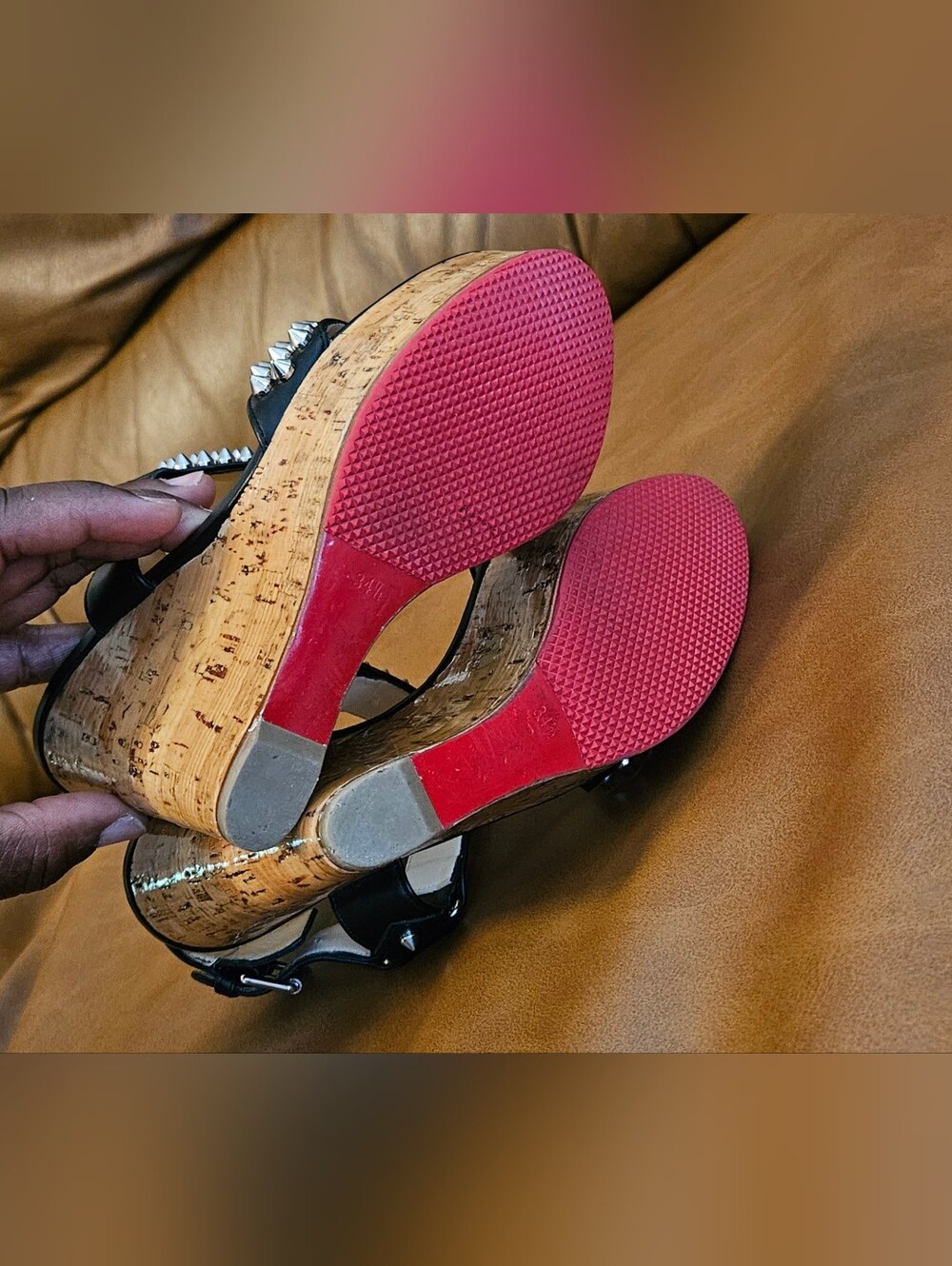 Christian Louboutin Black Leather Spikes-Studded Wedge Sandals Size 4.5 US - Picture 13 of 16